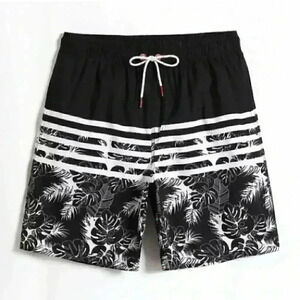 Black Vacation Style Men's Tropical Striped Print Swim Trunks